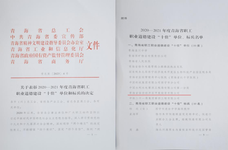 青海省臨空經濟區開發投資有限公司榮獲青海省職工職業道德建設“十佳”單位